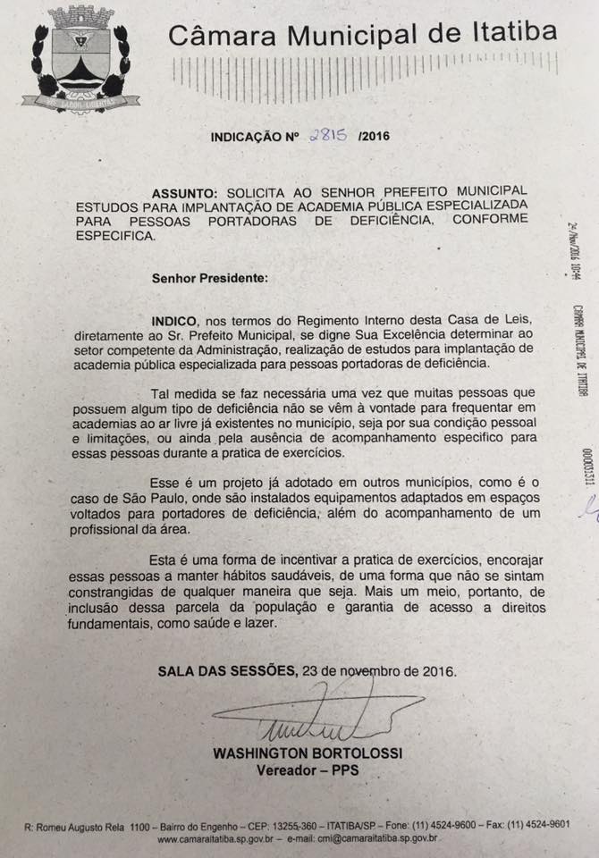 VEREADOR SOLICITA IMPLANTAÇÃO DE ACADEMIAS ESPECIALIZADAS PARA PESSOAS PORTADORAS DE DEFICIÊNCIA