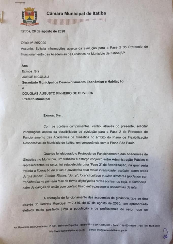 Vereador Protocola Ofício com o Prefeito solicitando evolução do Município para a Fase 02 do Protocolo das Academias